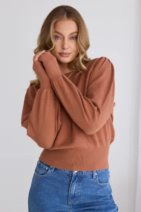 Belladonna Terracotta Cotton Poet Sleeve Fine Knit Jumper