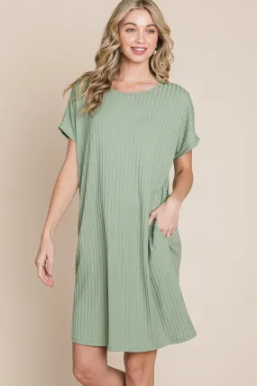 BOMBOM Ribbed Round Neck Short Sleeve Dress