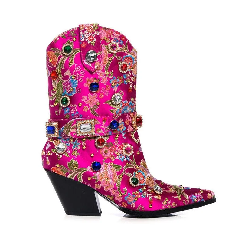 Crystal Embellished Wedge Heel Cowboy Boots