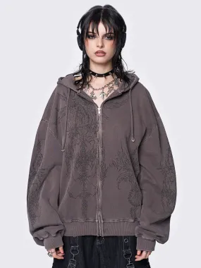 Enigmatic Brown Wash Oversized Zip Up Hoodie