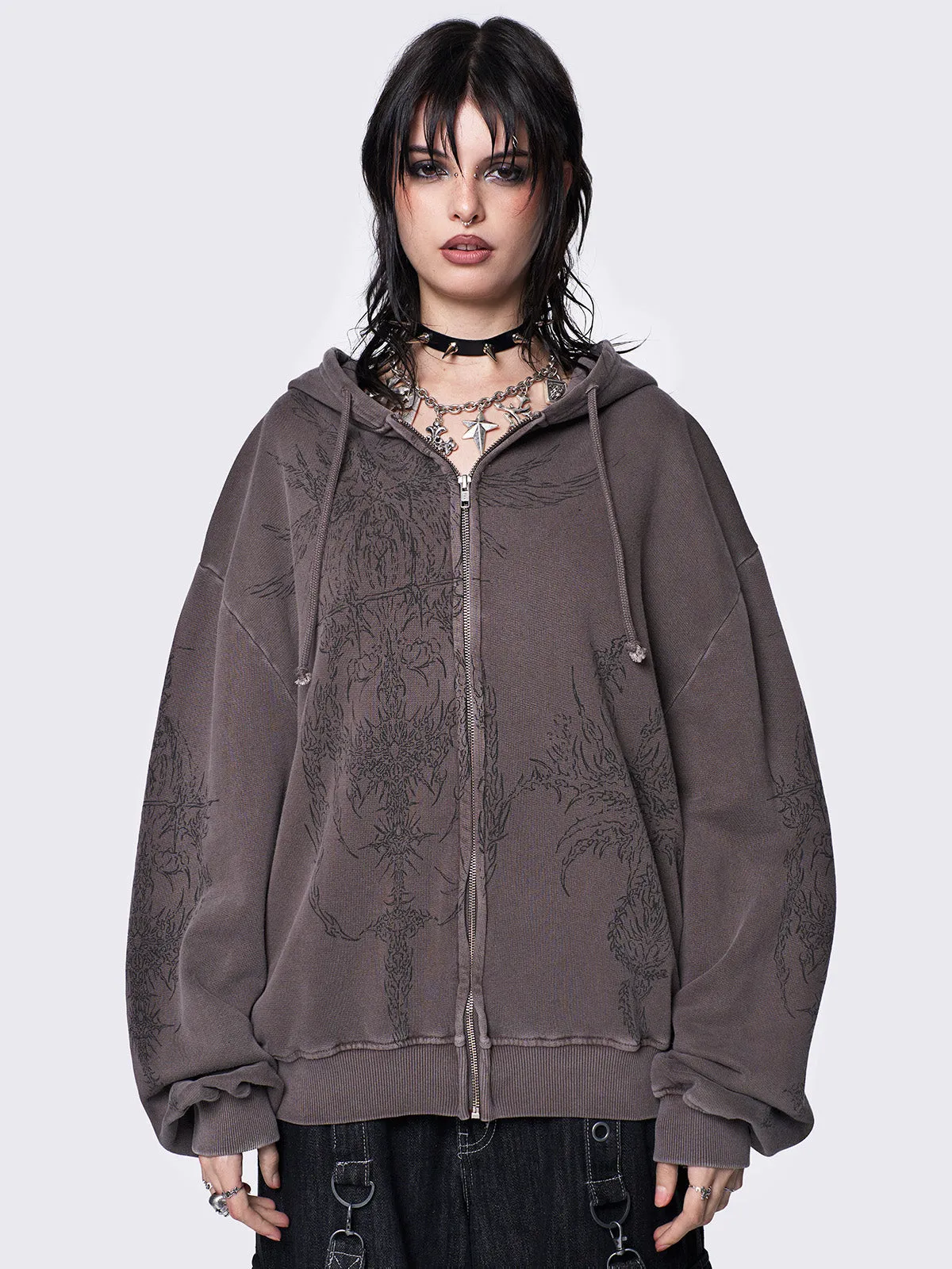 Enigmatic Brown Wash Oversized Zip Up Hoodie