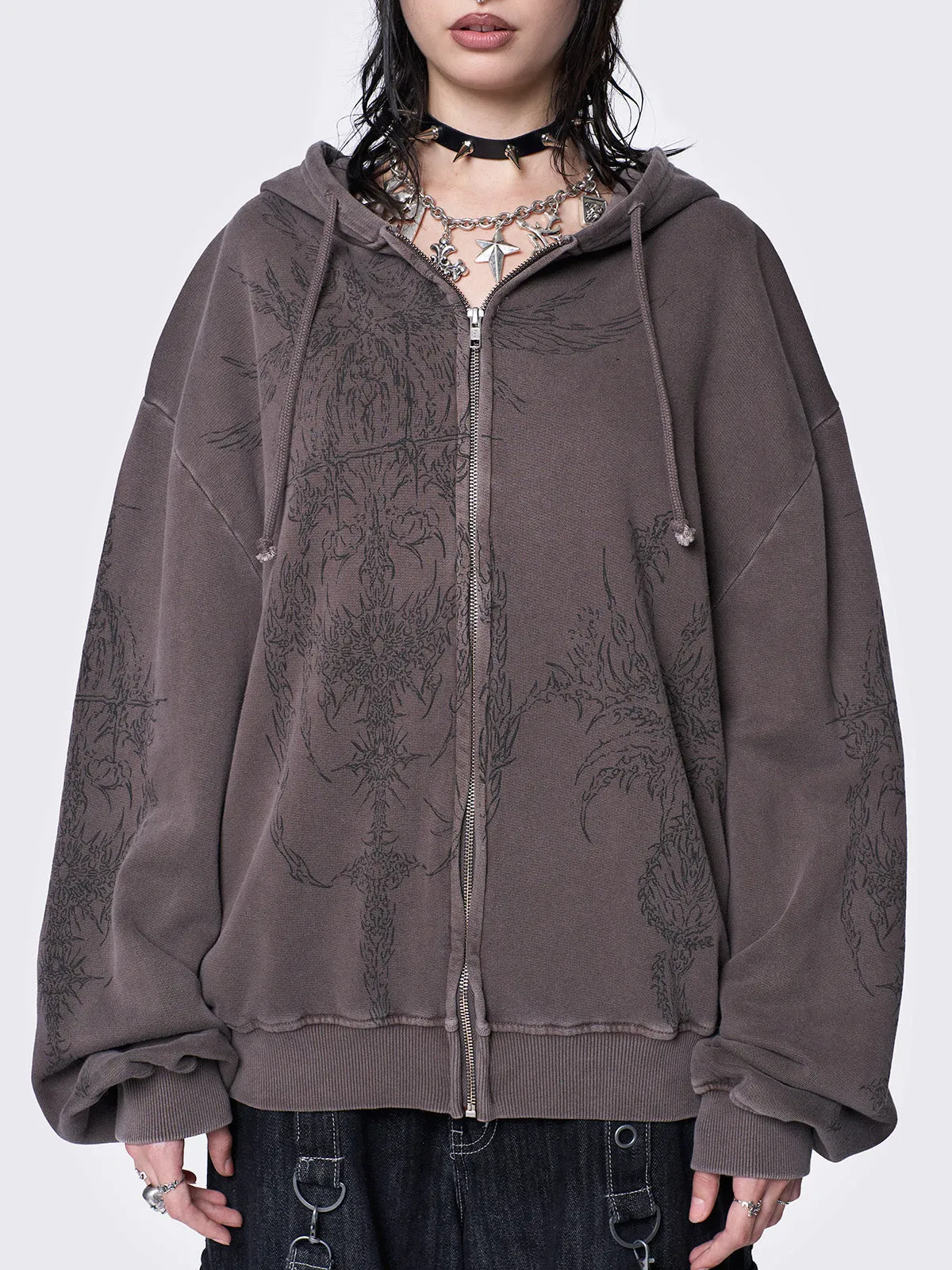 Enigmatic Brown Wash Oversized Zip Up Hoodie