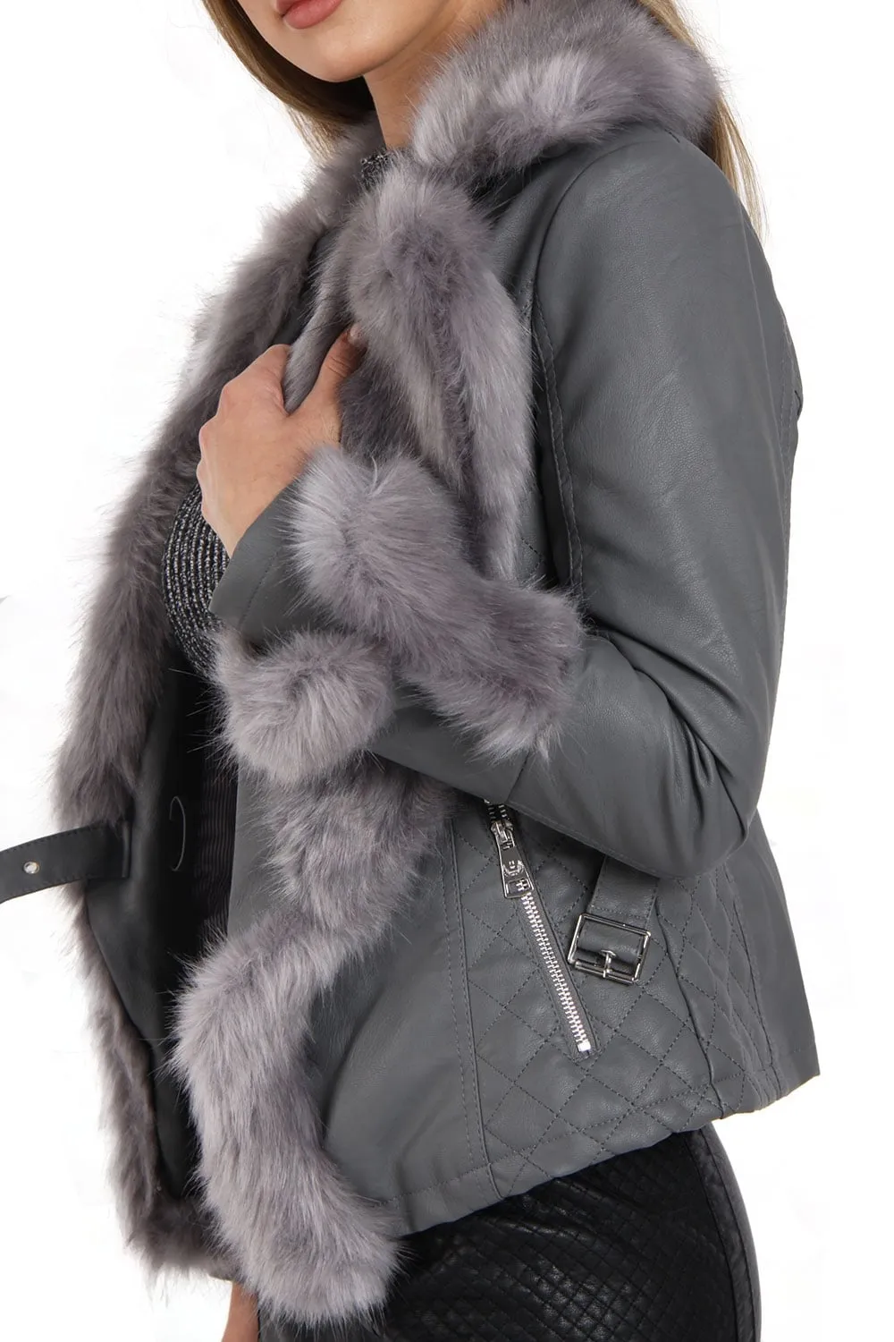 Faux Fur Belted Leather Look Biker Jacket