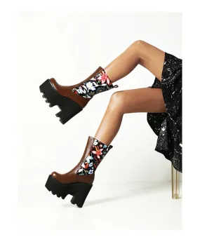 Floral Patchwork PU Mid-Calf Platform Boots