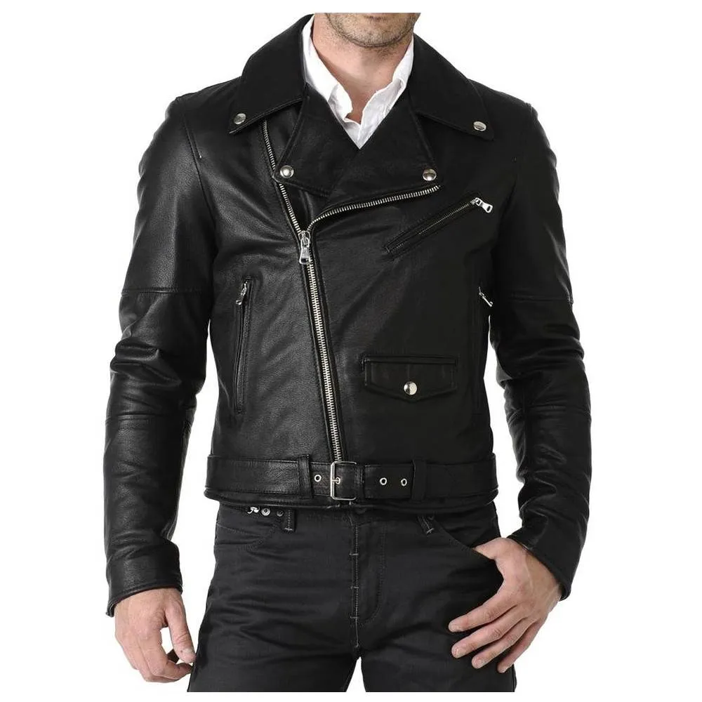 Men Classic Motorcycle Leather Jacket Black Belt