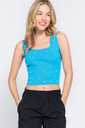 Pearl Detail Square Neck Cropped Tank