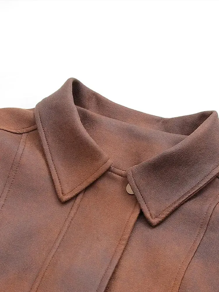 Pre Order:  Brown Turn-Down Collar Faux Leather Jacket