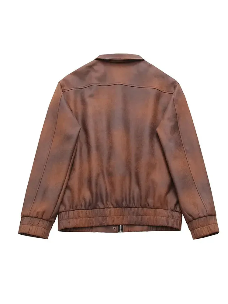 Pre Order:  Brown Turn-Down Collar Faux Leather Jacket