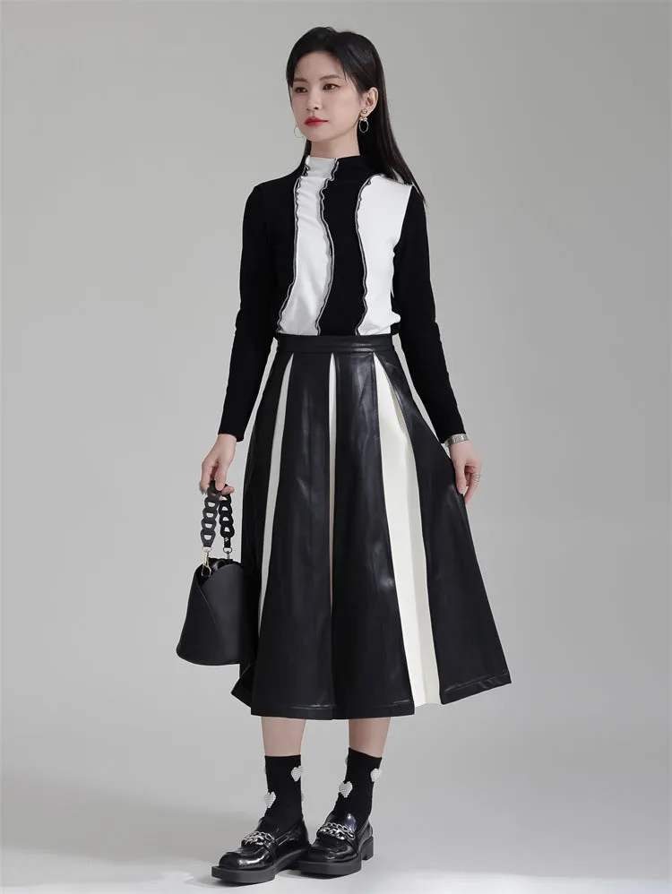 PU Color Block Pleated A-Line Skirt