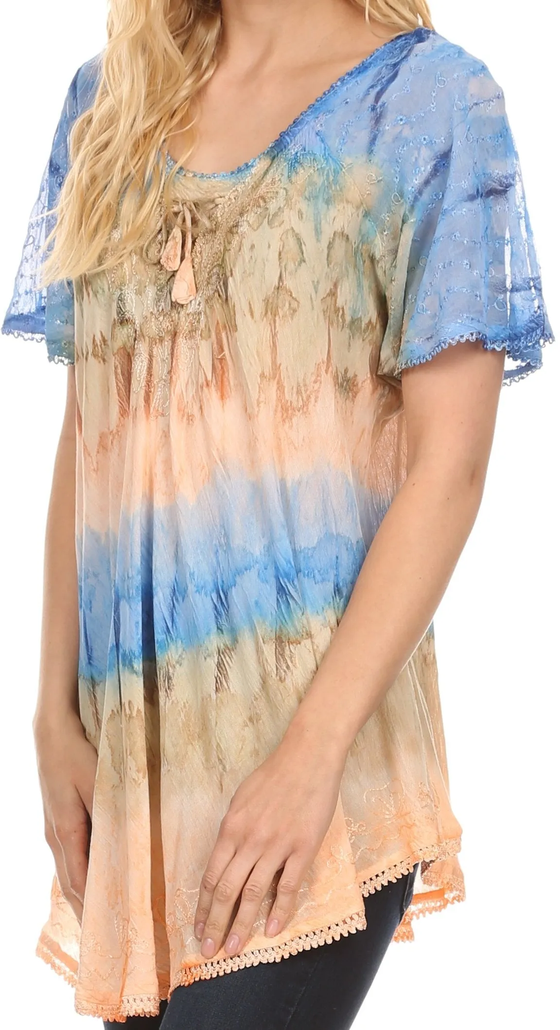 Sakkas Monet Long Tall Tie Dye Ombre Embroidered Cap Sleeve Blouse Shirt Top