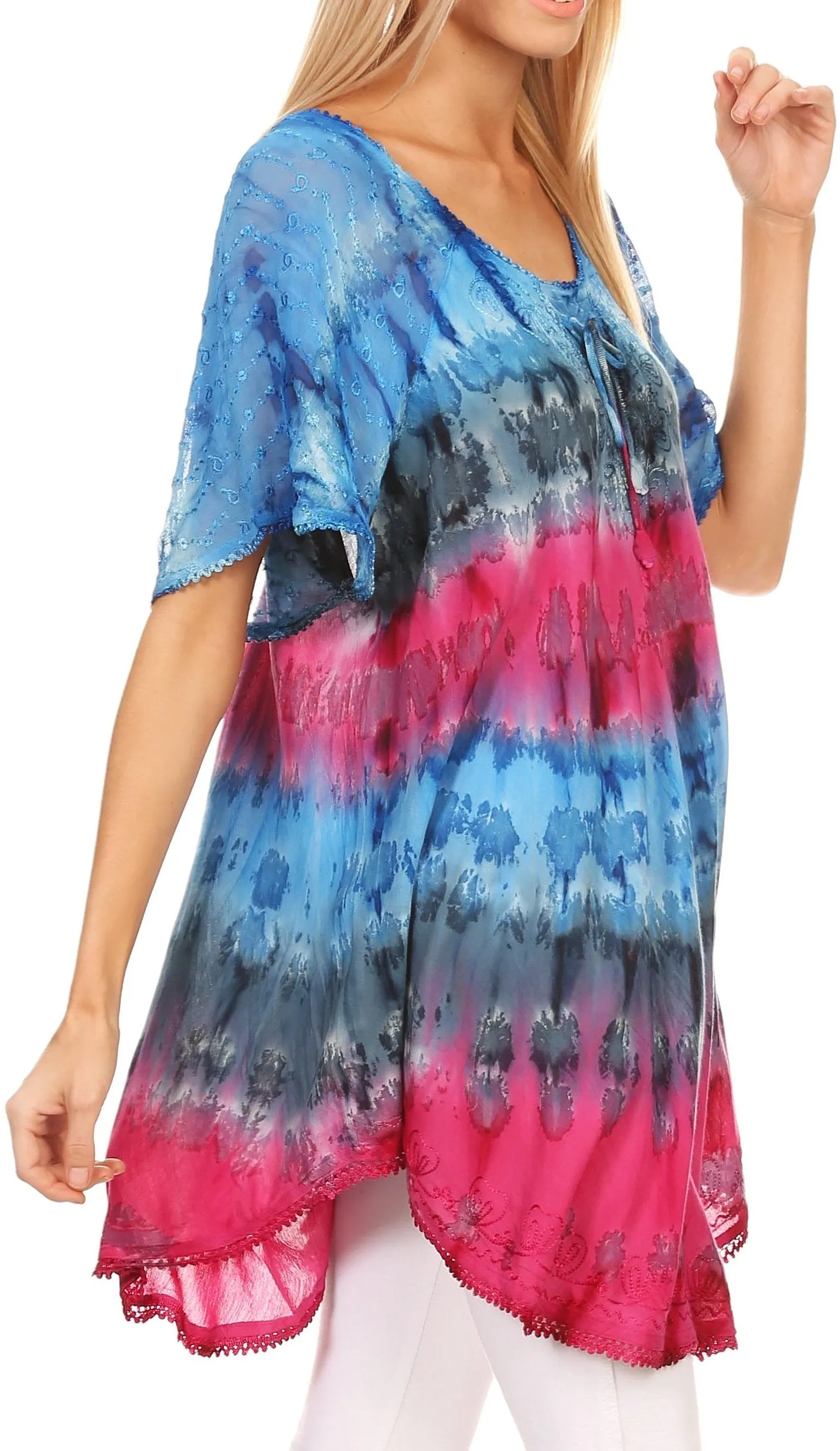 Sakkas Monet Long Tall Tie Dye Ombre Embroidered Cap Sleeve Blouse Shirt Top