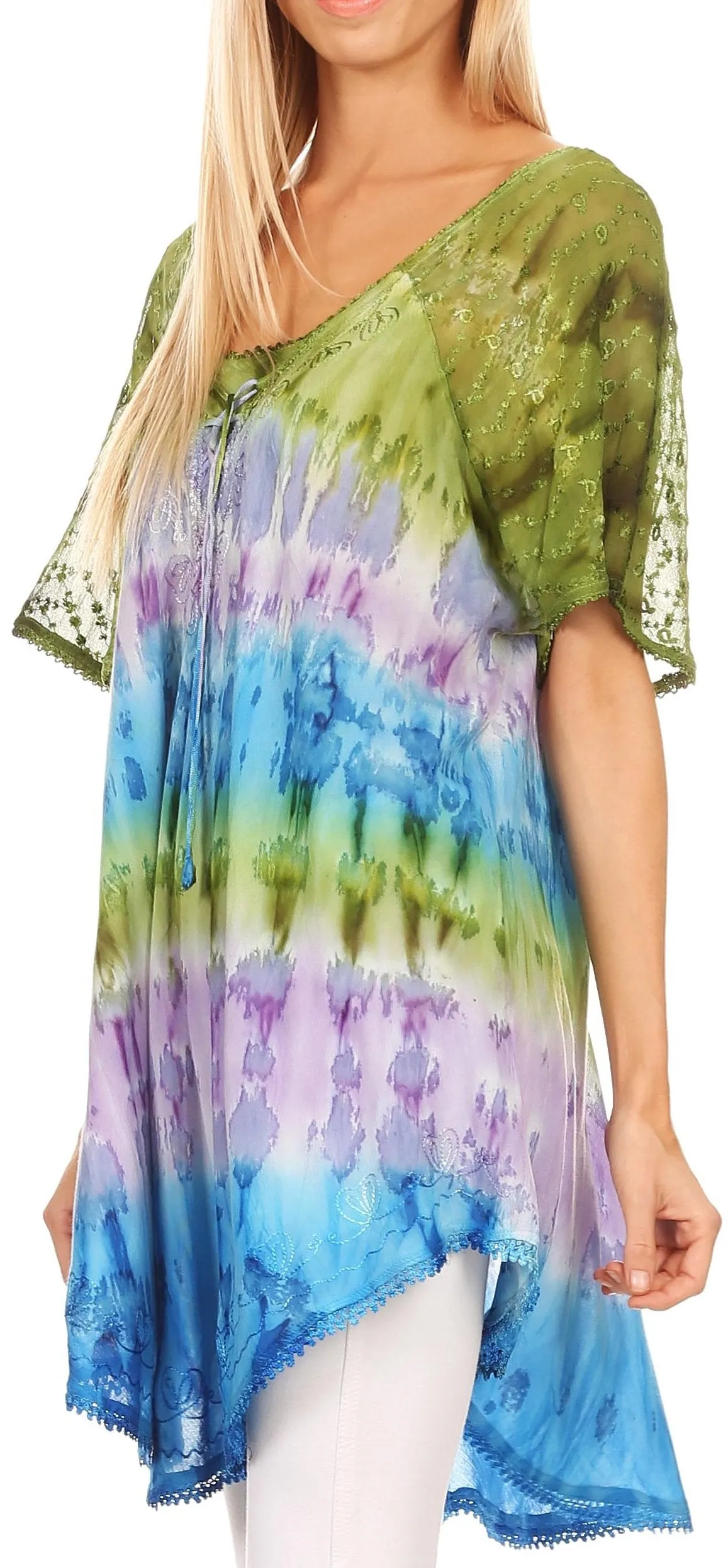 Sakkas Monet Long Tall Tie Dye Ombre Embroidered Cap Sleeve Blouse Shirt Top