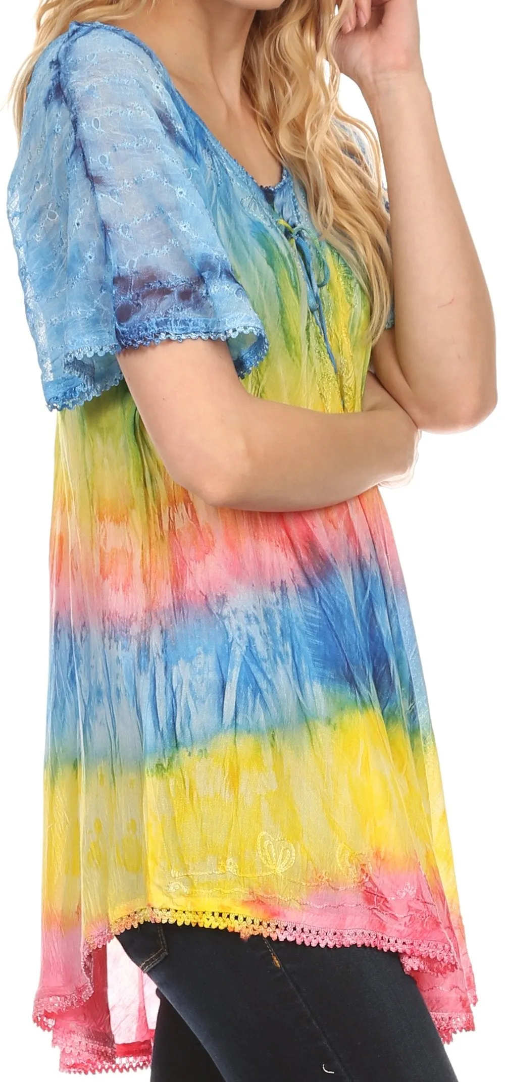 Sakkas Monet Long Tall Tie Dye Ombre Embroidered Cap Sleeve Blouse Shirt Top