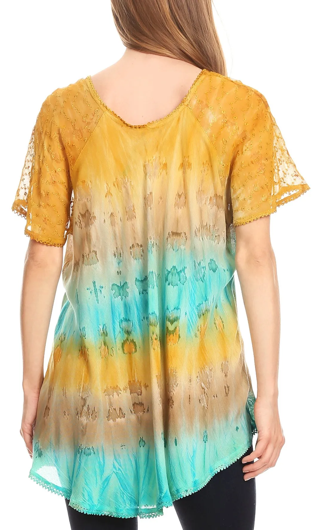 Sakkas Monet Long Tall Tie Dye Ombre Embroidered Cap Sleeve Blouse Shirt Top