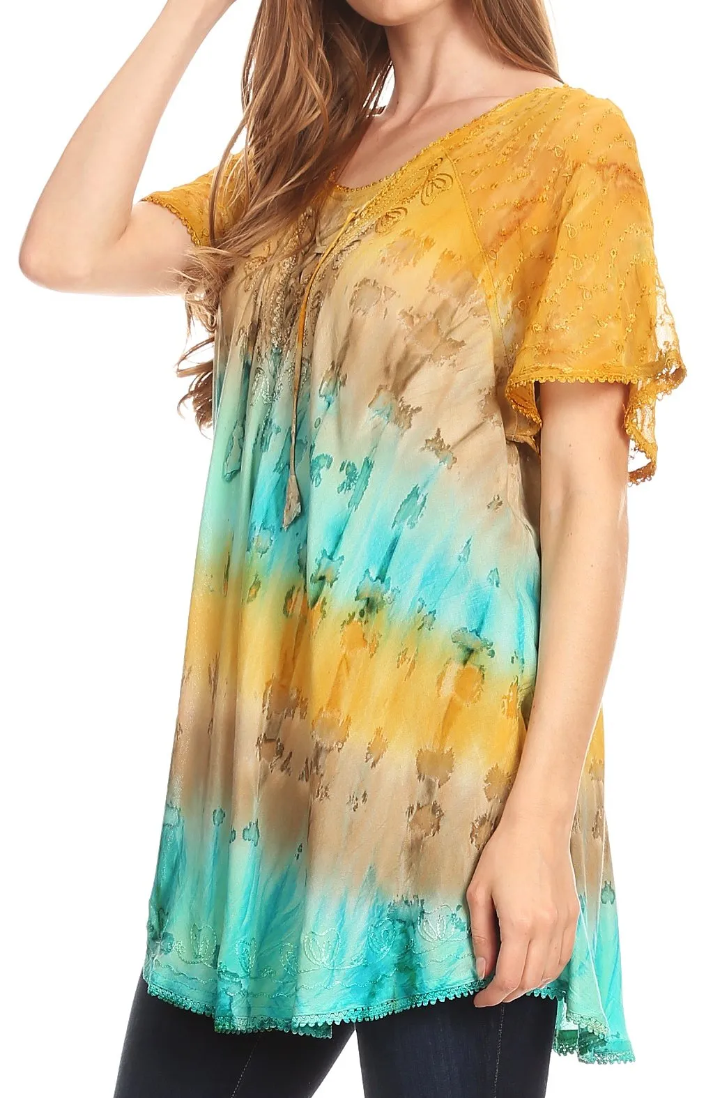 Sakkas Monet Long Tall Tie Dye Ombre Embroidered Cap Sleeve Blouse Shirt Top