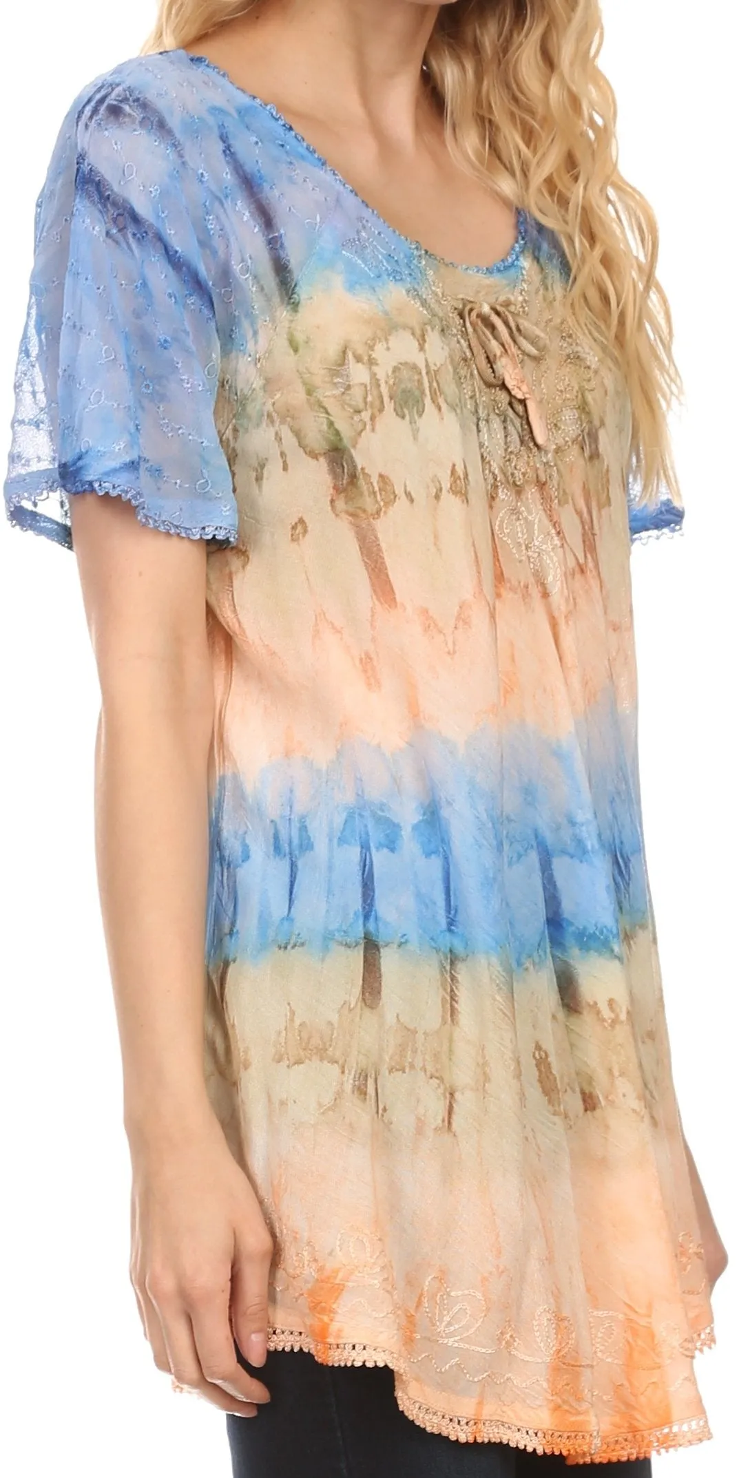 Sakkas Monet Long Tall Tie Dye Ombre Embroidered Cap Sleeve Blouse Shirt Top