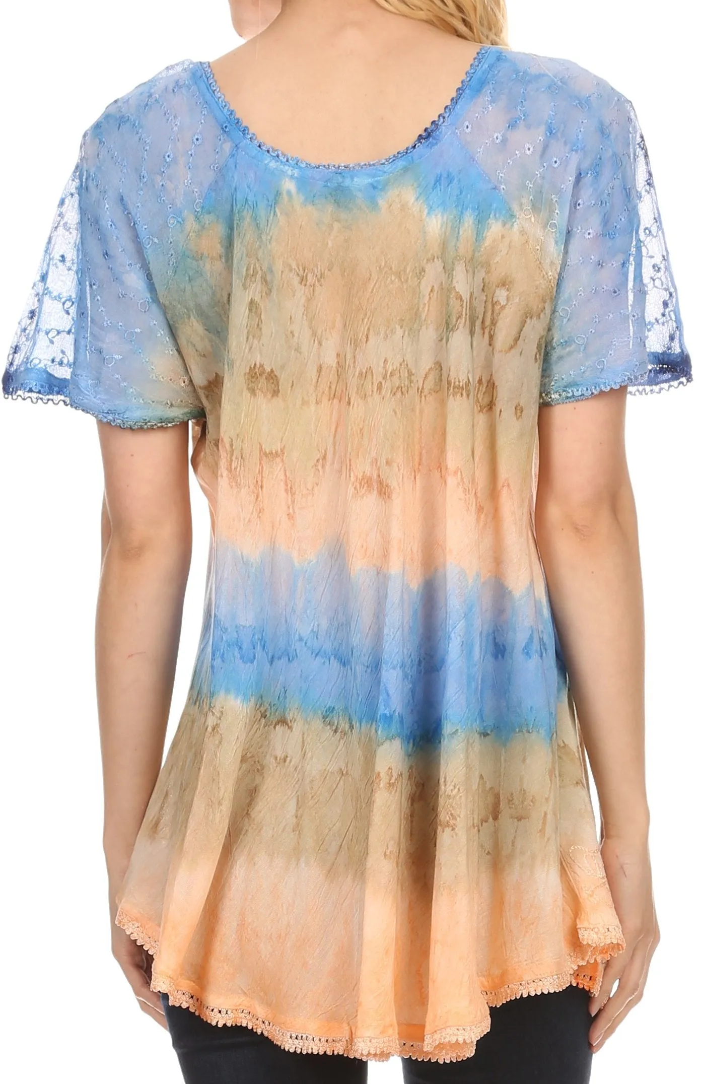 Sakkas Monet Long Tall Tie Dye Ombre Embroidered Cap Sleeve Blouse Shirt Top