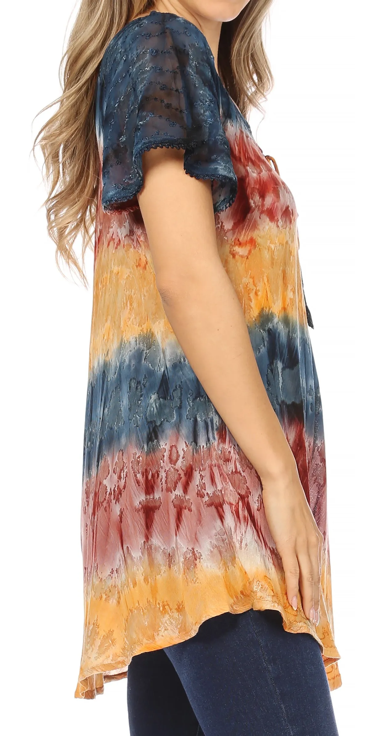 Sakkas Monet Long Tall Tie Dye Ombre Embroidered Cap Sleeve Blouse Shirt Top