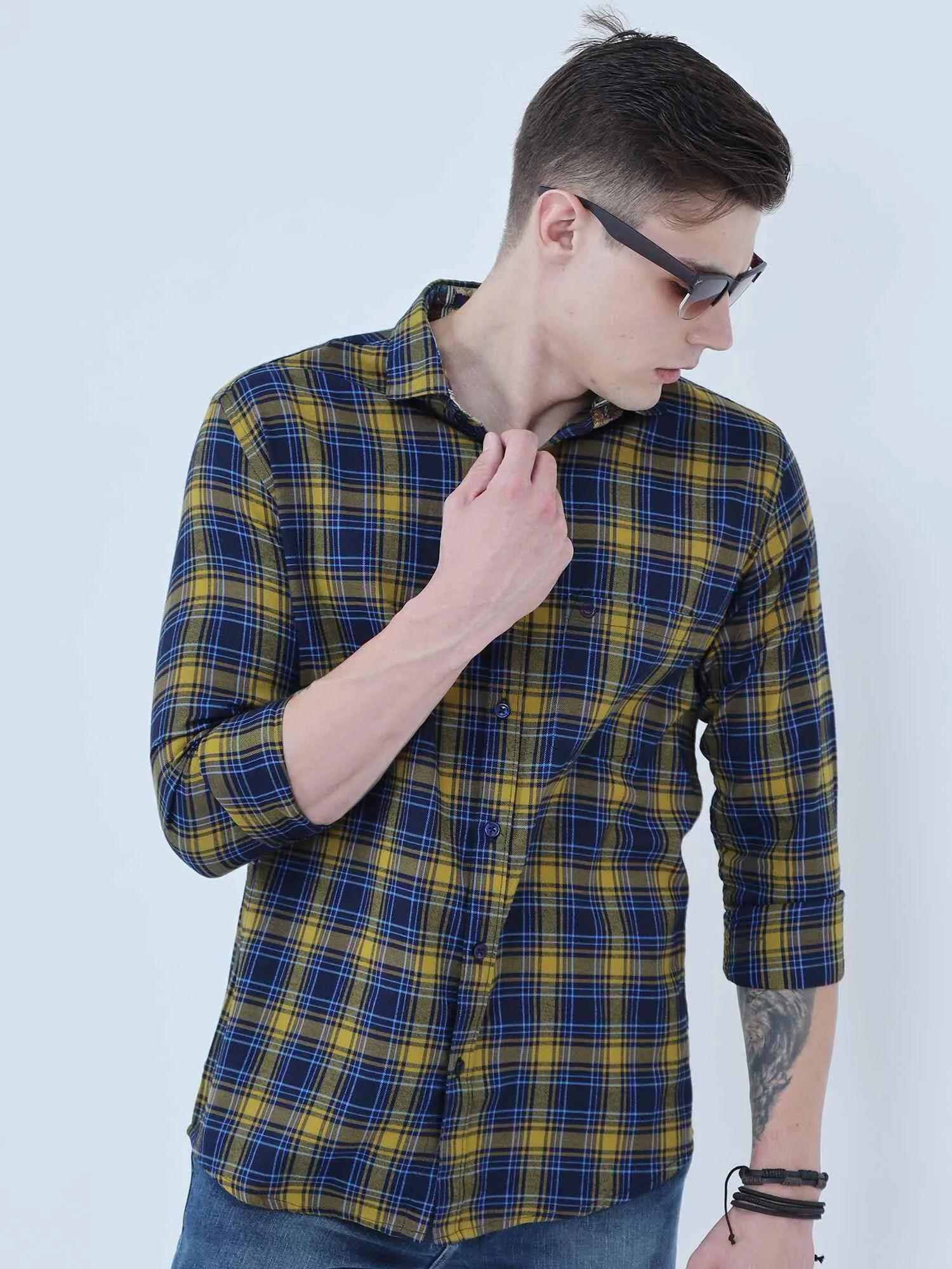 Yellow and Navy Blue Checkered Full Shirt